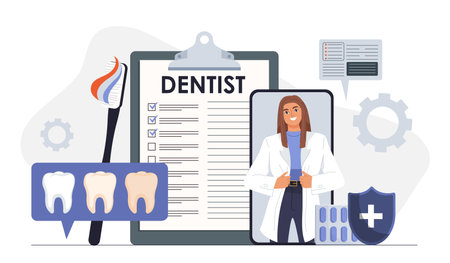 Dentist woman concept. Woman in medical uniform near toothbrush and toothpaste. Healthcare and medicine. Dentistry and stomatology. Oral hygiene. Flat vector illustrationのイラスト素材