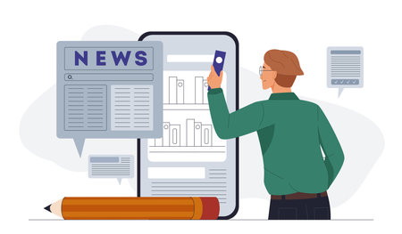 Man read online news. Young guy with smartphone reads digital newspaper. Journalism and mass media. Information content on Internet. Global political news. Flat vector illustrationのイラスト素材