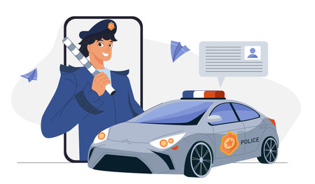 Police officer online. Woman in police uniform at smartphone screen near police car. Cybersecurity, Internet safety. Officer investigating online crimes. Flat vector illustrationのイラスト素材
