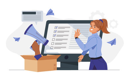Public relations strategy. Woman near computer and loudspeaker. Media campaign in social networks. Promoting organization on Internet. Business boost. Flat vector illustrationのイラスト素材
