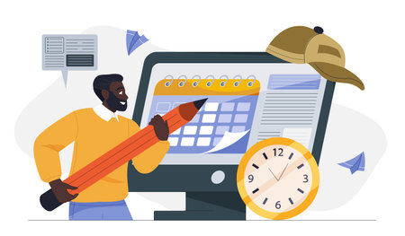 Man planning week. Young guy with pencil near calendar and clock. Time management and organization of efficient work process. Planning and scheduling meetings. Flat vector illustrationのイラスト素材