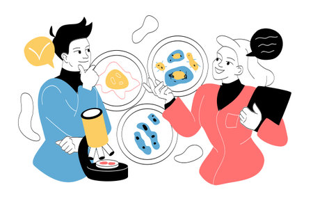 Team of immunologists. Man and woman in medical uniform studying viruses and bacteria. Scientific experiments in laboratory. Healthcare and medicine. Linear vector illustrationのイラスト素材