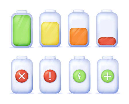 Battery icons displaying various charge levels and status indicators on a white background. Concept of energy, power, and charging statusのイラスト素材