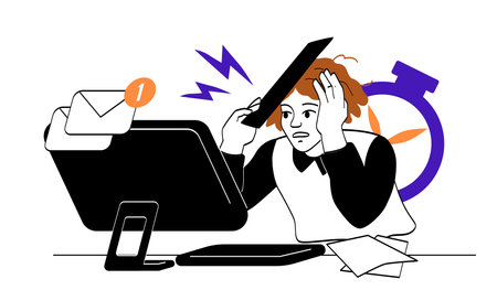 A stressed office worker overwhelmed with emails and deadlines, holding their head in frustration. Abstract illustration on a white backgroundのイラスト素材