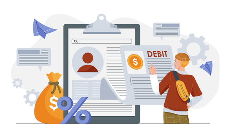 Man reviewing debit financial document on clipboard with money bag, percentage sign, and chat bubbles on abstract background. Finance conceptのイラスト素材