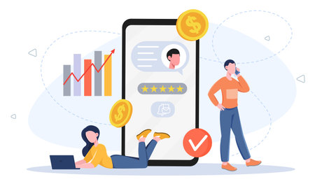 People interacting with a smartphone displaying chat, rating, and financial icons, with graphs and coins, symbolizing digital business successのイラスト素材
