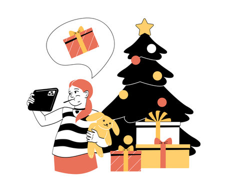 Woman holding a stuffed toy taking a selfie near a decorated Christmas tree with presents, in a minimalistic style. Concept of holiday celebrationのイラスト素材