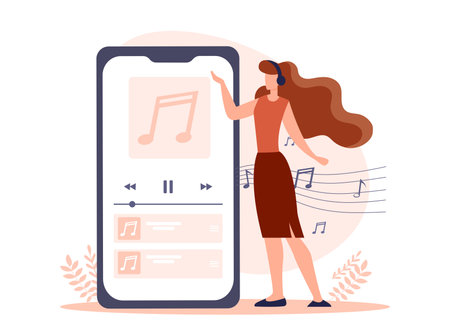 Woman with headphones listening to music on a smartphone, standing near a large screen with a music app, on a white background, concept of streamingのイラスト素材