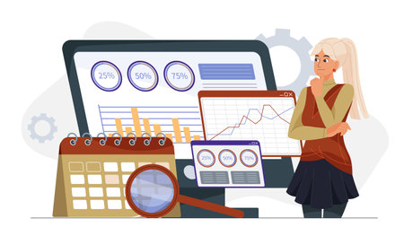 A businesswoman analyzing financial charts and graphs on a screen with a calendar and magnifying glass, symbolizing data analysis and planning. Vector illustrationのイラスト素材