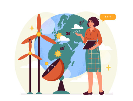 Woman with tablet analyzing weather data on Earth globe, wind turbines, and satellite dish on abstract background. Concept of meteorology. Vector illustrationのイラスト素材