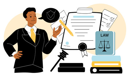 Professional lawyer in suit with legal papers, law books, and gavel on abstract background. Concept of legal advice, justice, and contractsのイラスト素材
