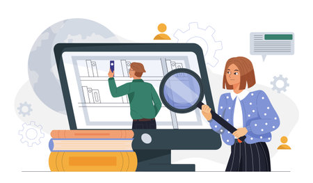 Woman holding magnifying glass near computer screen with a man searching for files. Books, gears, and digital icons in background. Knowledge searchのイラスト素材