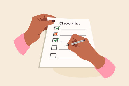 Hands holding and writing on a checklist with a pen, marking checkboxes. The background is light beige. Concept of planning, organization, and productivity. Vector illustrationのイラスト素材