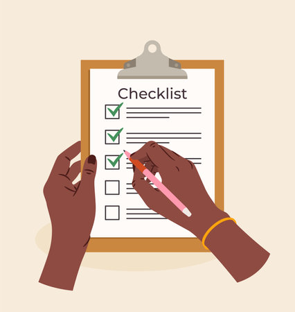 Hands holding a clipboard with a checklist, marking completed tasks with a pen. Minimalist flat style on a light background. Concept of organization and productivity. Vector illustrationのイラスト素材
