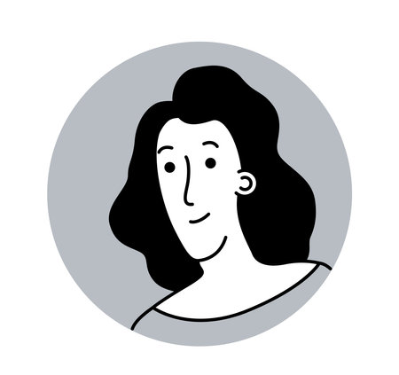 Minimalistic black and white avatar of a smiling woman with wavy hair, drawn in a simple cartoon style on a gray circular background. Concept of user profile icon. Vector illustrationのイラスト素材
