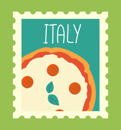 Illustration of a postage stamp featuring an Italian theme with a stylized pizza slice, tomatoes, and basil leaves on a green background. Concept of travel and cuisine. Vector illustrationのイラスト素材