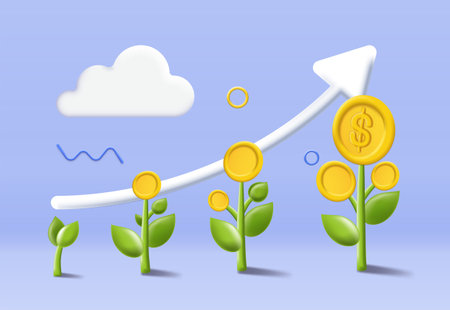 3D Money plant. Flowers with golden coins. Financial literacy and passive income. Investing and trading. Economy and market, business. Isometric vector illustrationのイラスト素材