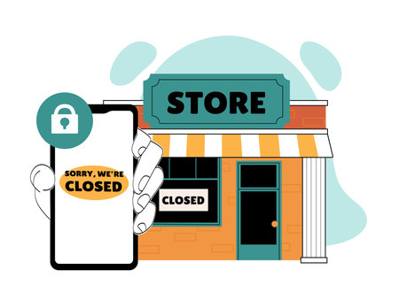 Closed shop concept. Hand with smartphone near closed market or store. Bankruptcy and financial crisis. Cafe and retail. Attention and notification. Linear vector illustrationのイラスト素材