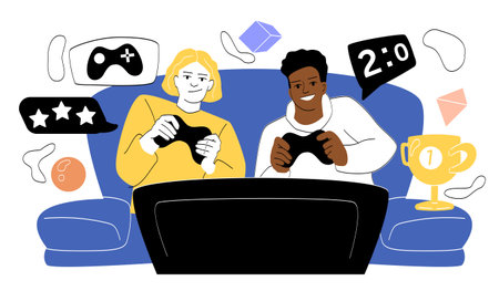 Gamers play together. Man and woman sitting near television with joysticks. Entertainment and fun,...