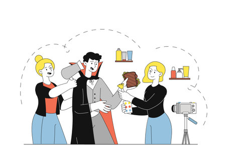 Dracula makeup concept. Make up artists and costume designers dress man in Dracula. Preparation for Halloween and fear of horror. Creepy and scary character. Linear vector illustrationのイラスト素材