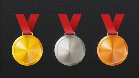 Realistic medals set. Golden, silver and bronze awards and rewards. Prize for winners in tournament or competition. Isometric vector collection isolated on dark backgroundのイラスト素材