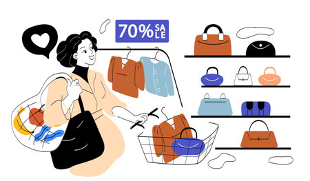 Sale of female bags. Woman in store or shop with handbags, purses and wallets. Fashion and style. Aesthetics and elegance. Retail and commerce. Linear vector illustrationのイラスト素材