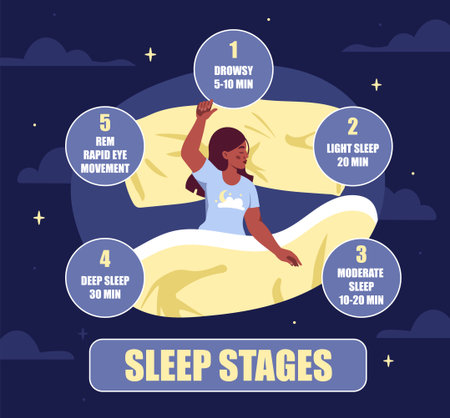 Sleep stages woman. Woman sleeping in bedroom. Medical infographics and educational materials. Dream phases, Drowsy, Light, moderate and deep sleep. Flat vector illustrationのイラスト素材