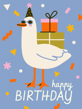 A cheerful goose wearing a party hat and sunglasses, carrying gift boxes on its back. Background is blue with colorful confetti. A fun and festive birthday concept. Flat cartoon vector illustrationのイラスト素材