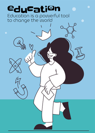 A cheerful young woman gives a thumbs-up, surrounded by science symbols, illustrating the power of education. The background is blue with inspirational text. Vector illustrationのイラスト素材
