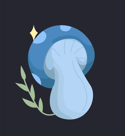 A stylized blue mushroom with a leaf on a dark background. The mushroom has a glossy appearance with a magical sparkle. Nature and fantasy concept. Flat cartoon vector illustrationのイラスト素材