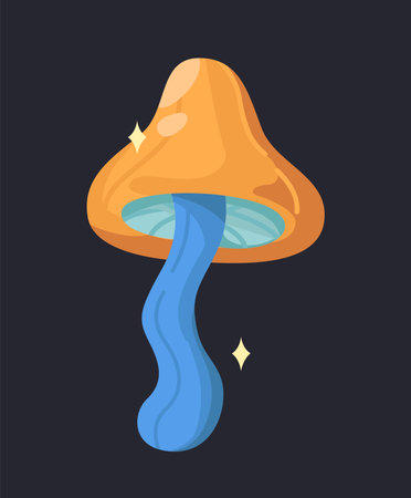 A surreal colorful mushroom with a fluid, wavy blue stem and an orange cap, glowing sparkles around it on a dark background. Psychedelic and fantasy concept. Flat cartoon vector illustrationのイラスト素材