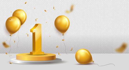 Golden number one trophy on a podium with floating gold balloons and confetti, set against a dotted white background. A concept of victory, success, and achievement. Vector illustrationのイラスト素材