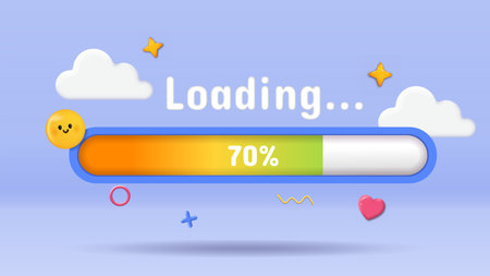 Colorful loading bar at 70 percent with a happy emoji, clouds, stars, and decorative elements on a...