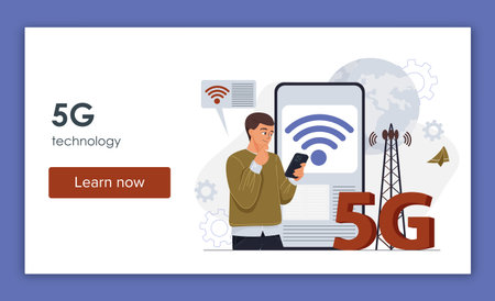 A man using a smartphone with a 5G network concept, surrounded by a signal tower, a large screen,...