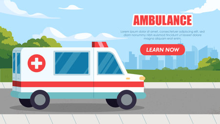 Cartoon-style ambulance with a red cross symbol on the side, parked on a city road with greenery and buildings in the background. Medical emergency concept. Vector illustrationのイラスト素材