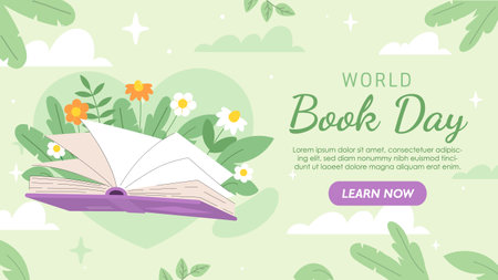 Open book with flowers and leaves on a green background. World Book Day concept with text and call-to-action button. Vector illustrationのイラスト素材