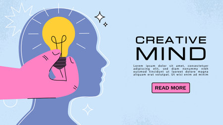 A hand holding a light bulb inside a human head silhouette, symbolizing creativity and ideas. The background is light blue with abstract elements. Concept of innovation. Vector illustrationのイラスト素材
