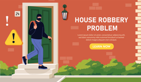 A masked burglar sneaking out of a house carrying a bag, symbolizing home robbery. The background features a red brick wall and a warning sign. Crime awareness concept. Vector illustrationのイラスト素材