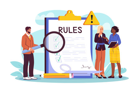 Business professionals discussing compliance rules with a large checklist, magnifying glass, and warning sign on a blue background. Concept of corporate regulations. Vector illustrationのイラスト素材