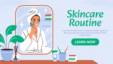 Woman in bathrobe with towel on head using jade roller, looking in mirror. Skincare routine concept on tiled background with beauty products and plants. Vector illustrationのイラスト素材