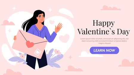 A woman holding a love letter with a heart-shaped seal, standing against a pink background with decorative hearts and floral elements. Valentine s Day concept. Vector illustrationのイラスト素材