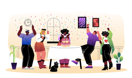 Group of diverse friends celebrating a birthday with cake and confetti in a cozy room, cartoon style on a light indoor background. Concept of joy and friendship. Vector illustrationのイラスト素材