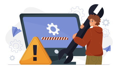 A person holding a giant wrench stands near a monitor showing a loading bar and gear icon, with a warning sign in front. Vector illustrationのイラスト素材