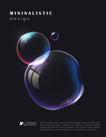 Abstract glowing soap bubbles with light reflections on a black background, featuring a minimalistic layout for modern aesthetic and creative concepts. Vector illustrationのイラスト素材