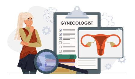 Female character thinking near gynecologist checklist, uterus anatomy diagram on display, books and magnifying glass on white background. Concept of women s health. Flat cartoon vector illustrationのイラスト素材