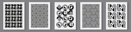 Set of six abstract posters with geometric black and white patterns, featuring lines, circles, and...