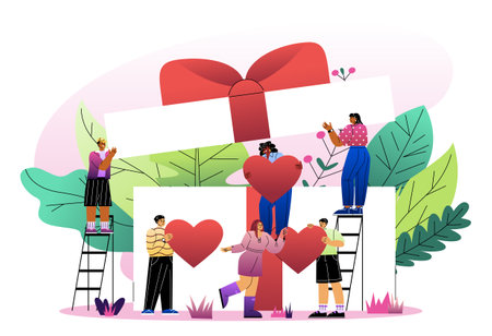 Group of diverse people holding hearts around a large wrapped gift box, flat cartoon style, with abstract leaves background. Concept of giving and unity. Vector illustrationのイラスト素材