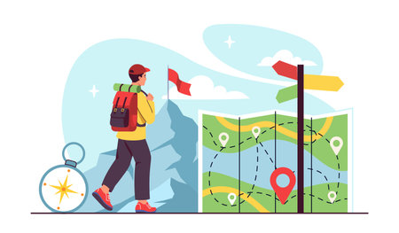 Man hiking with backpack and compass, standing near a map with location markers and colorful signpost, on a light abstract mountain background. Concept of outdoor navigation. Vector illustrationのイラスト素材