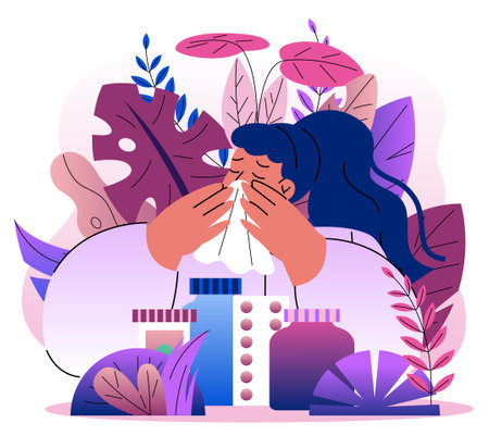 Woman sneezing into tissue surrounded by medicine bottles and pills, flat cartoon style, white background, concept of illness and allergy. Vector illustrationのイラスト素材