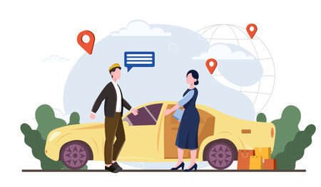 A man in a cap greets a woman near a yellow car, with shopping bags, map pins, and a globe background. Urban transportation and taxi service concept. Vector illustrationのイラスト素材